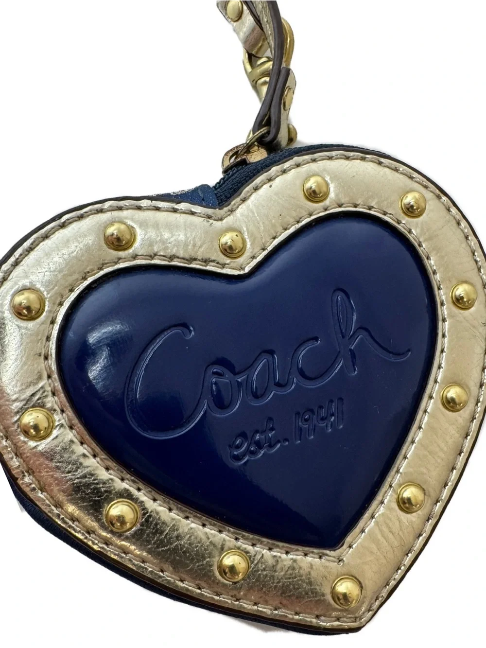 Coach Y2K Script Heart Navy And Gold Story Patch Heart Coin Bag Keychain Charm